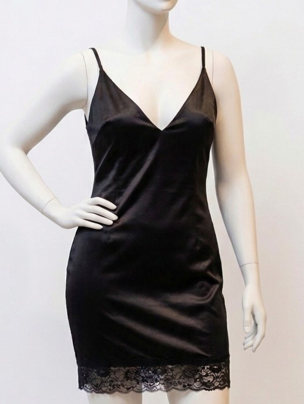 bebe Black Satin Slip Dress with Lace Hem Size Large